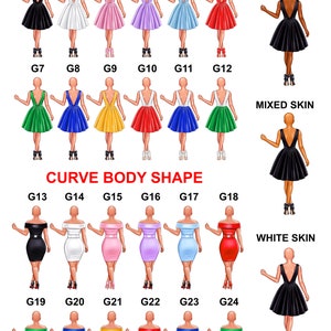May include: Illustration featuring a selection of dresses in various colors and styles, with options for different skin tones and body shapes. Text at the top reads "CHOOSE YOUR GIRL AND SKIN TONE".