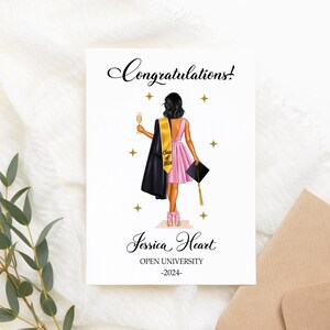 May include: A graduation card with the text "Congratulations!" and the name "Jessica Heart". The illustration features a graduate in a pink dress, holding a champagne glass and a graduation cap. Gold stars are scattered around the image.
