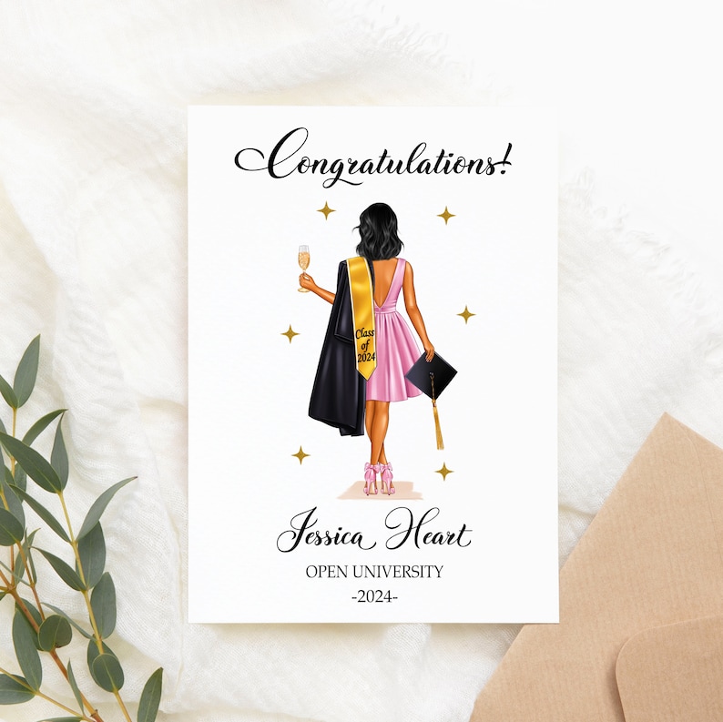 May include: A graduation card with the text "Congratulations!" and the name "Jessica Heart". The illustration features a graduate in a pink dress, holding a champagne glass and a graduation cap. Gold stars are scattered around the image.