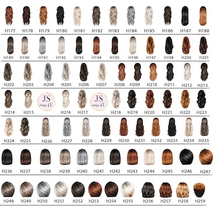 May include: A collection of illustrated hairstyles, each labeled with a unique code. The image features a variety of hair colors and styles, including long, short, wavy, and straight. The text "JS design 4 U" is also present.