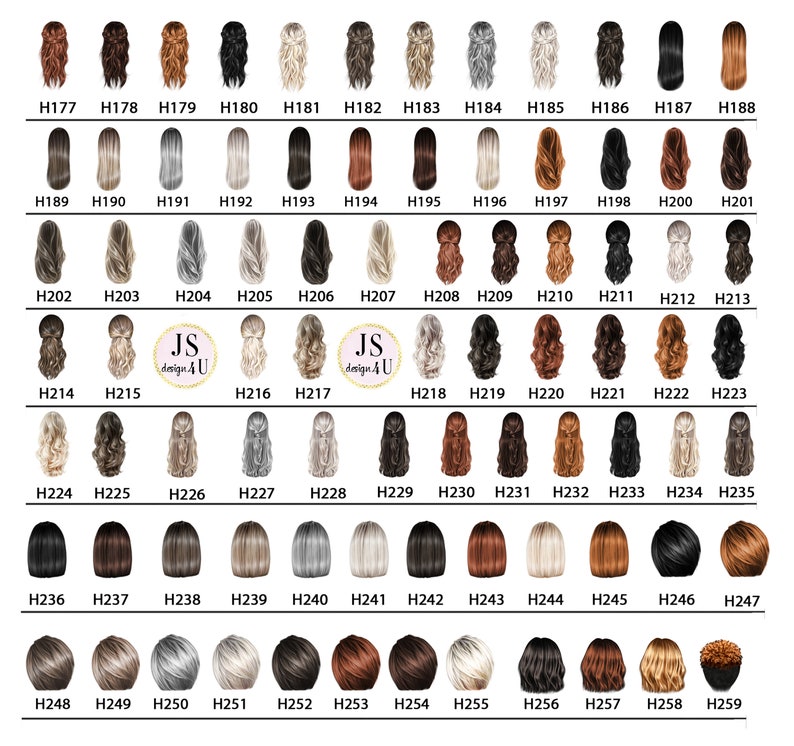 May include: A collection of illustrated hairstyles, each labeled with a unique code. The image features a variety of hair colors and styles, including long, short, wavy, and straight. The text "JS design 4 U" is also present.