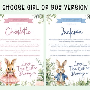 Op de afbeelding: Een printbare kaart met een roze en blauwe achtergrond waarop een konijn te zien is met een mand vol eieren. De kaart heeft de tekst "EGG-STRA SPECIAL DELIVERY" en de tekst "Love The Easter Bunny x".