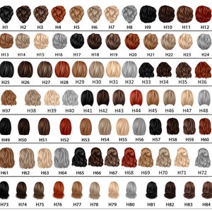 May include: A grid of 84 different hair color and style options, labeled H1 through H84. The styles range from short to long, straight to wavy, and include various shades of brown, blonde, black, and red.