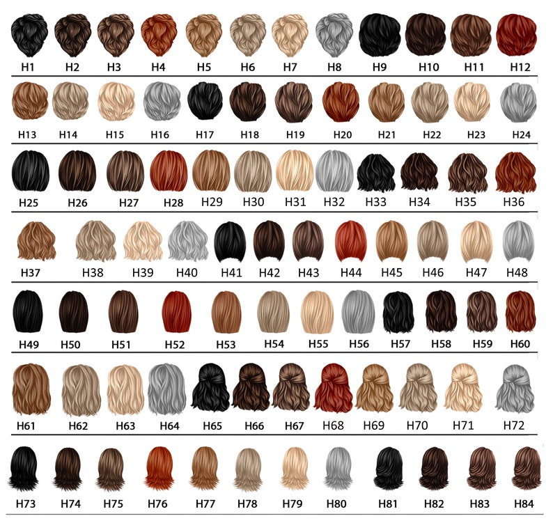 May include: A grid of 84 different hair color and style options, labeled H1 through H84. The styles range from short to long, straight to wavy, and include various shades of brown, blonde, black, and red.