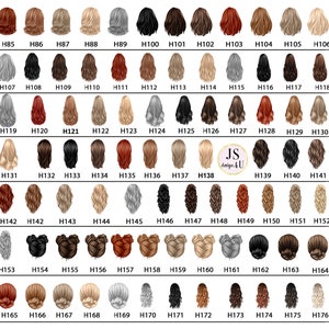 May include: A chart displaying various hair color options, labeled H85 through H176. The image includes a logo that says "JS design 4 U". The hair colors range from blonde to black, with different styles, including buns and wavy hair.