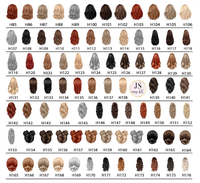May include: A chart displaying various hair color options, labeled H85 through H176. The image includes a logo that says "JS design 4 U". The hair colors range from blonde to black, with different styles, including buns and wavy hair.