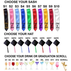 May include: An illustration featuring graduation-themed elements. It includes a selection of sashes in various colors, each labeled "Class of 2024." There are also graduation caps with different tassel colors and a variety of drinks and a scroll.