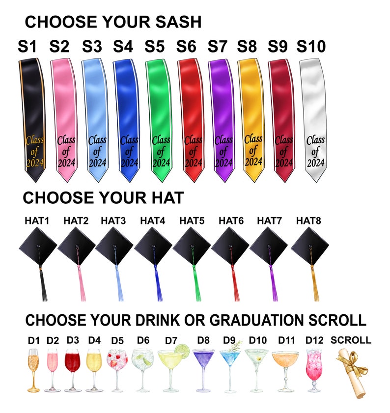 May include: An illustration featuring graduation-themed elements. It includes a selection of sashes in various colors, each labeled "Class of 2024." There are also graduation caps with different tassel colors and a variety of drinks and a scroll.