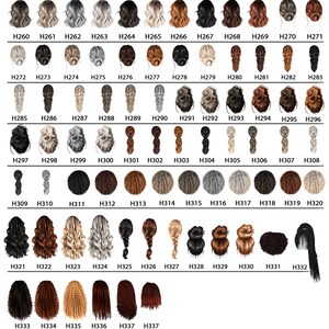 May include: A collection of 72 illustrations of various hairstyles, each labeled with a unique code from H260 to H337. The styles range from short bobs to long waves, buns, braids, and afros, in a variety of colors including blonde, brown, black, and gray.