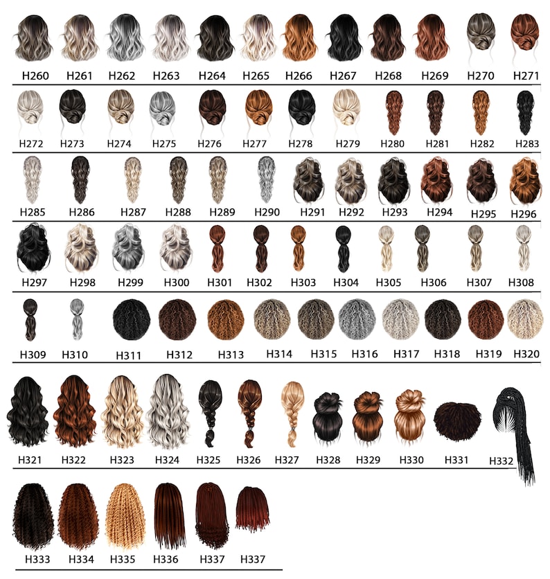 May include: A collection of 72 illustrations of various hairstyles, each labeled with a unique code from H260 to H337. The styles range from short bobs to long waves, buns, braids, and afros, in a variety of colors including blonde, brown, black, and gray.