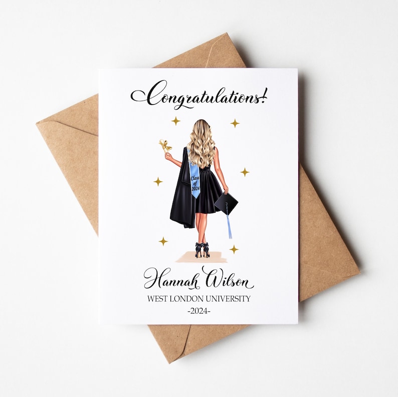 May include: A graduation card with a drawing of a graduate in a black dress and cap, holding a diploma. The card reads "Congratulations!" and includes the graduate's name, university, and year. The card is placed on a brown envelope.