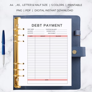 May include: Printable debt payment tracker with sections for debt name, account, due date, starting balance, interest rate, minimum payment, date, amount, balance, and note.
