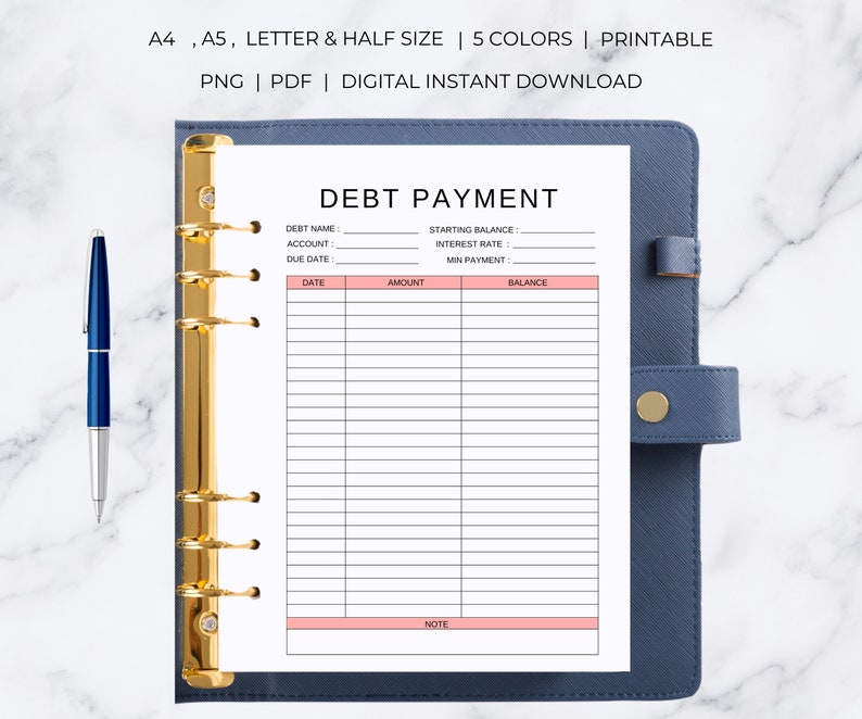 May include: Printable debt payment tracker with sections for debt name, account, due date, starting balance, interest rate, minimum payment, date, amount, balance, and note.