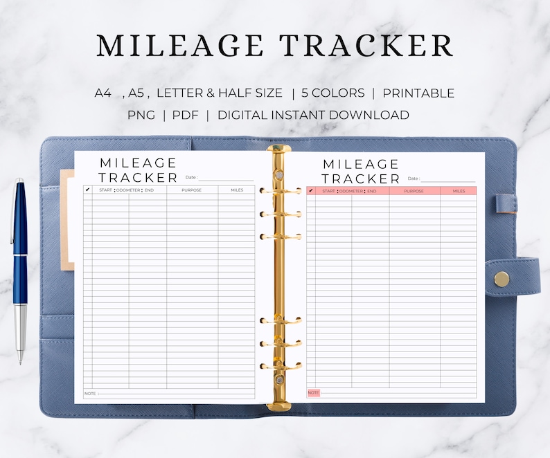 May include: Printable mileage tracker in A4, A5, Letter, and Half sizes. The tracker has columns for start odometer, end odometer, purpose, and miles. It also includes a note section. The tracker is available in five colors.