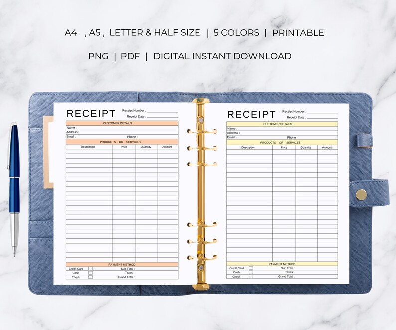 Peut inclure: Mod&egrave;le de re&ccedil;u imprimable en formats A4, A5, Lettre et Demi. Le mod&egrave;le a un design simple avec un sch&eacute;ma de couleurs p&ecirc;che clair et jaune. Il comprend des sections pour les coordonn&eacute;es du client, les produits ou services et le mode de paiement.