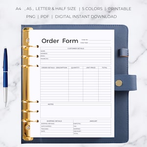 May include: Printable order form template with sections for customer details, order details, notes, and shipping details. The form is designed for a ring binder.