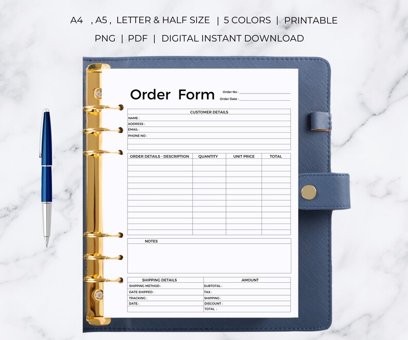May include: Printable order form template with sections for customer details, order details, notes, and shipping details. The form is designed for a ring binder.