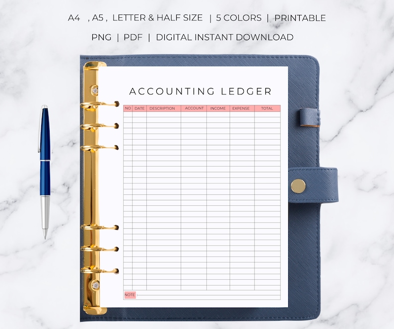 May include: A printable accounting ledger template in a white binder. The template has columns for date, description, account, income, expense, and total. The template also has a note section at the bottom.