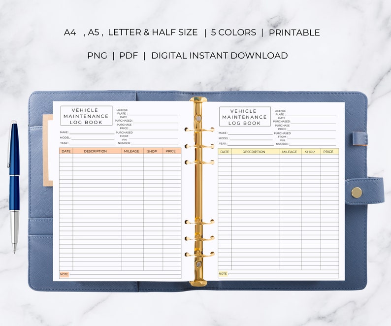 Pode incluir: Caderno de registro de manuten&ccedil;&atilde;o de ve&iacute;culos imprim&iacute;vel com se&ccedil;&otilde;es para informa&ccedil;&otilde;es da placa de matr&iacute;cula, data de compra, pre&ccedil;o de compra, quilometragem, loja e pre&ccedil;o. O caderno de registro &eacute; projetado para uso em uma pasta.