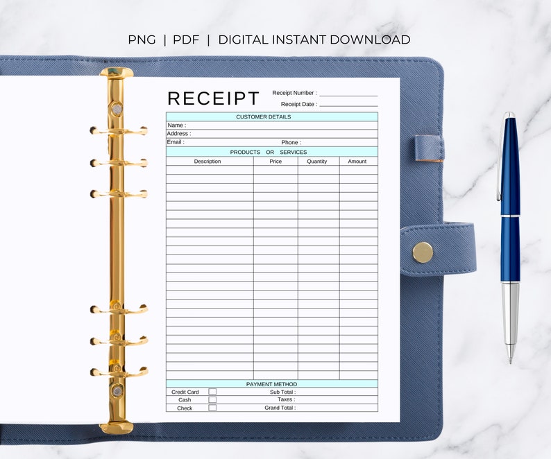 Peut inclure: Un mod&egrave;le de re&ccedil;u imprimable pour une entreprise. Le mod&egrave;le comprend des sections pour les coordonn&eacute;es du client, les produits ou services, le mode de paiement et les totaux. Le mod&egrave;le est con&ccedil;u pour &ecirc;tre utilis&eacute; dans un classeur.