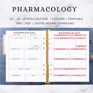 Pode incluir: Um guia de estudo de farmacologia imprimível com seções para o nome genérico, a classe do medicamento, o nome da marca, a via de administração, os usos terapêuticos, os mecanismos de ação, os efeitos adversos, as contraindicações, a avaliação de enfermagem, as considerações e as notas. O guia é projetado para uso em um planejador ou caderno.