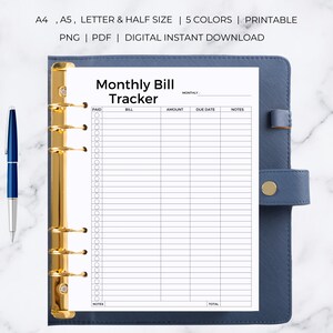 Puede incluir: Un rastreador de facturas mensuales imprimible con columnas para pagado, factura, monto, fecha de vencimiento y notas. El rastreador est&aacute; dise&ntilde;ado para usarse en una carpeta y tiene un fondo blanco con texto negro.