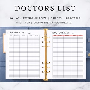 Doctors Contact List | Doctors Note | Doctors Note Template | Medical Assistant | Healthcare Contacts  | Doctor Visits Tracker