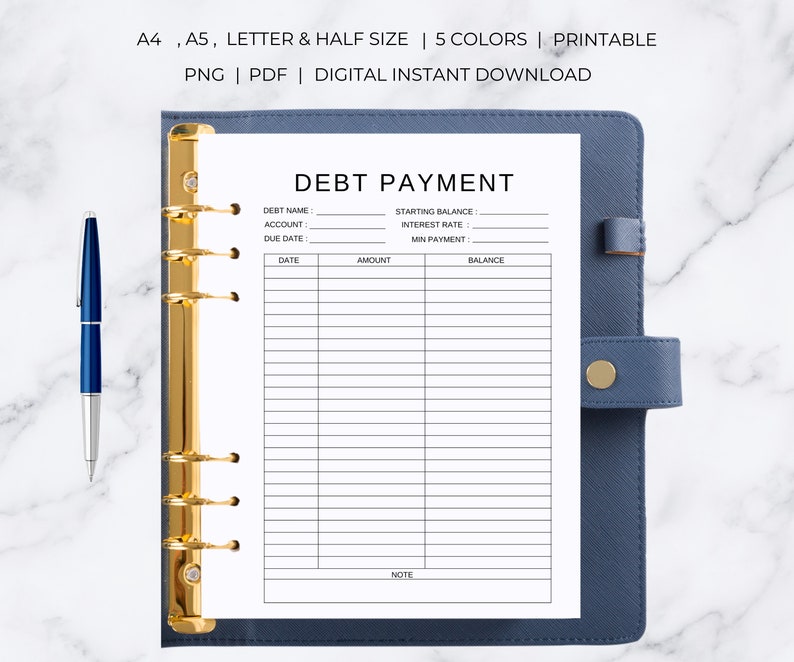 May include: Printable debt payment tracker with sections for debt name, account, due date, starting balance, interest rate, minimum payment, date, amount, balance, and note.