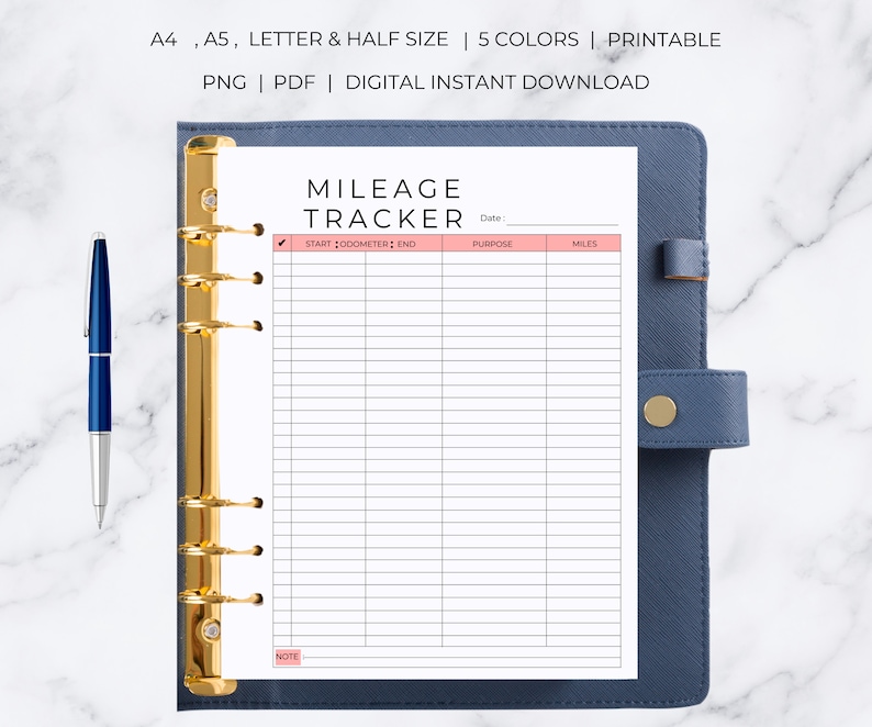 May include: Printable mileage tracker page with a pink header and columns for start odometer, end odometer, purpose, and miles. The page is designed for a standard size binder.