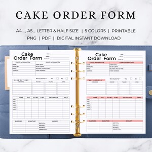 Puede incluir: Plantilla de formulario de pedido de pastel imprimible en tamaños A4, A5, Carta y Medio. El formulario incluye secciones para la información del cliente, la información del evento, las opciones de pastel, las alergias, la firma y el monto. El formulario está diseñado con un esquema de color rosa y blanco.