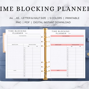 May include: A printable time blocking planner with a pink and white color scheme. The planner has sections for brain dump, time blocking, and notes. The planner is available in A4, A5, letter, and half sizes.