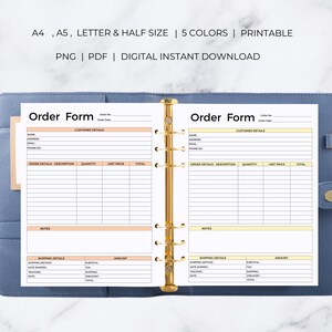 May include: Printable order form template in A4, A5, Letter, and Half sizes. The form includes sections for customer details, order details, notes, and shipping details. The form is designed with a light peach and yellow color scheme.