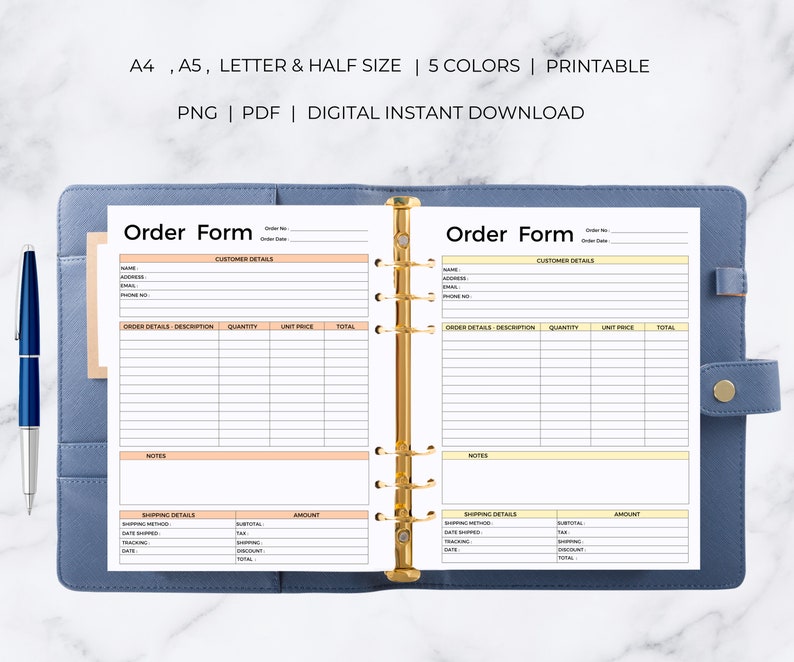 May include: Printable order form template in A4, A5, Letter, and Half sizes. The form includes sections for customer details, order details, notes, and shipping details. The form is designed with a light peach and yellow color scheme.