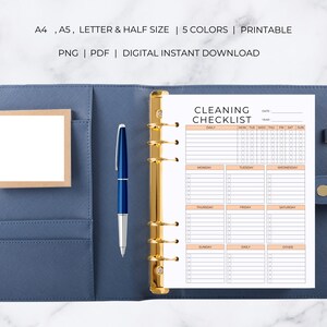 May include: A printable cleaning checklist in a blue binder with a gold ring mechanism. The checklist is divided into daily, weekly, and monthly tasks. The checklist is available in five colors.