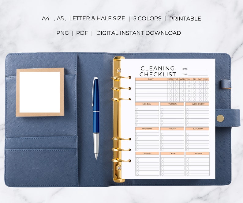 May include: A printable cleaning checklist in a blue binder with a gold ring mechanism. The checklist is divided into daily, weekly, and monthly tasks. The checklist is available in five colors.