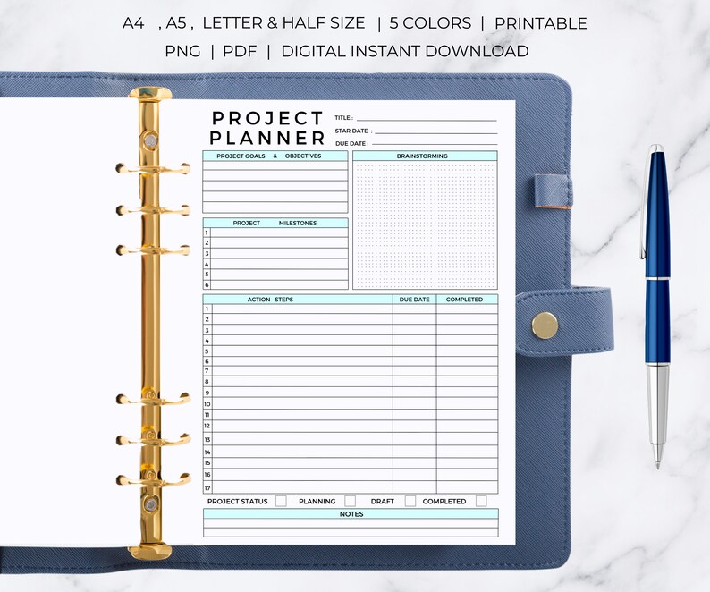 May include: A printable project planner page with sections for project goals, milestones, action steps, and notes. The page is designed for use in a binder with a gold ring mechanism.