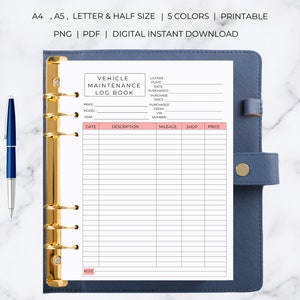 Pode incluir: Caderno de manuten&ccedil;&atilde;o de ve&iacute;culos imprim&iacute;vel com se&ccedil;&otilde;es para data, descri&ccedil;&atilde;o, quilometragem, loja e pre&ccedil;o. O caderno de manuten&ccedil;&atilde;o tem um cabe&ccedil;alho rosa e uma se&ccedil;&atilde;o de notas na parte inferior.
