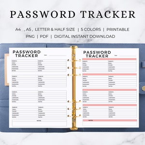 May include: A printable password tracker with a pink and white design. The tracker has sections for website, email, phone, username, password, and notes. The tracker is available in A4, A5, letter, and half sizes.