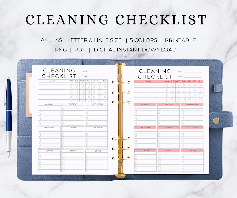 May include: A printable cleaning checklist in a binder with a gold ring. The checklist is divided into daily, weekly, and monthly tasks. The checklist is available in five colors.
