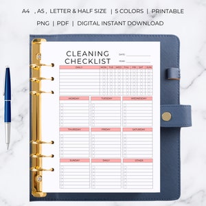 May include: A printable cleaning checklist in a white and pink color scheme. The checklist is divided into daily, weekly, and monthly tasks. It includes sections for Monday, Tuesday, Wednesday, Thursday, Friday, Saturday, Sunday, and other.