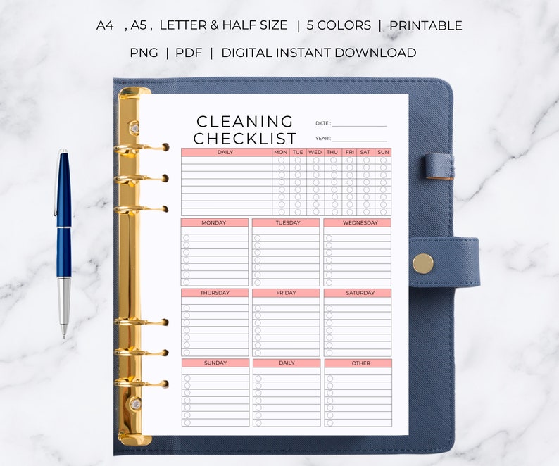 May include: A printable cleaning checklist in a white and pink color scheme. The checklist is divided into daily, weekly, and monthly tasks. It includes sections for Monday, Tuesday, Wednesday, Thursday, Friday, Saturday, Sunday, and other.