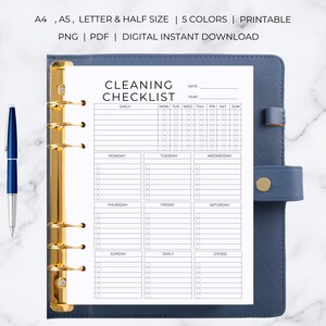 May include: A printable cleaning checklist planner with a black and white design. The checklist is divided into daily, weekly, and monthly sections. The planner is designed for use with a ring binder.