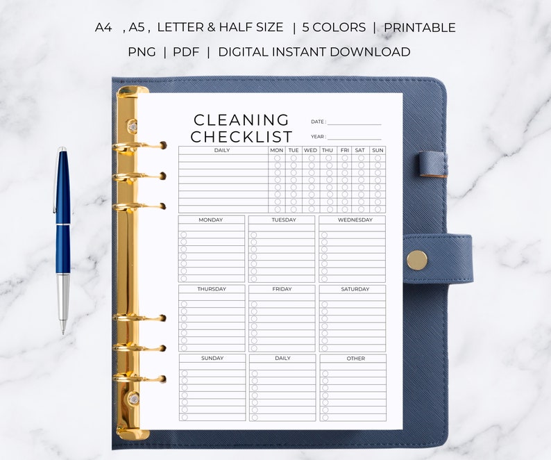 May include: A printable cleaning checklist planner with a black and white design. The checklist is divided into daily, weekly, and monthly sections. The planner is designed for use with a ring binder.