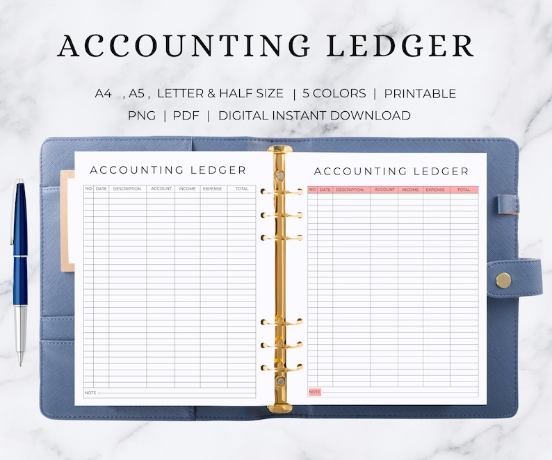 May include: Printable accounting ledger with columns for date, description, account, income, expense, and total. The ledger is in a binder with gold rings. The text "ACCOUNTING LEDGER" is at the top of the page.
