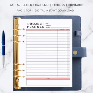 May include: A printable project planner page with a pink header that says "Project Planner". The page has sections for title, start date, due date, due date, done, and note.