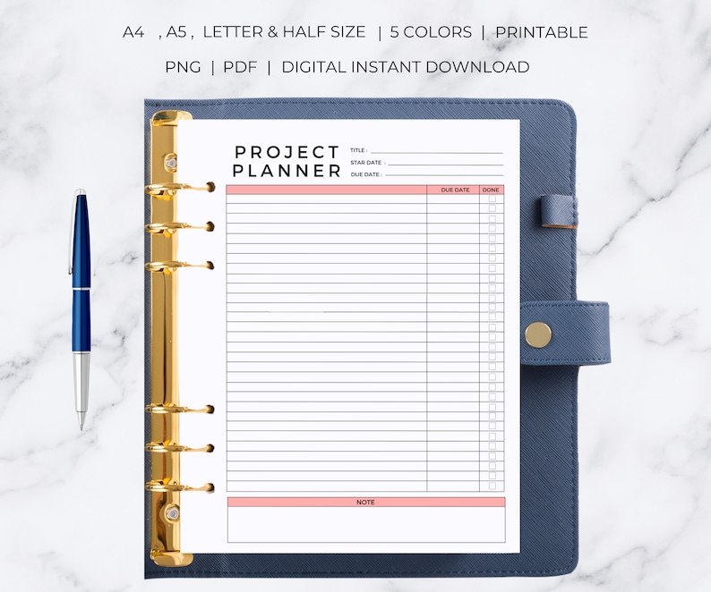 May include: A printable project planner page with a pink header that says "Project Planner". The page has sections for title, start date, due date, due date, done, and note.