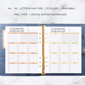 May include: Printable cleaning checklist in a binder. The checklist has sections for daily, weekly, and monthly tasks. The checklist is available in five colors.