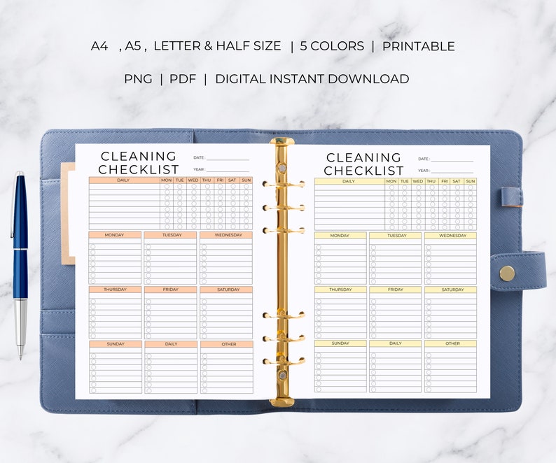 May include: Printable cleaning checklist in a binder. The checklist has sections for daily, weekly, and monthly tasks. The checklist is available in five colors.
