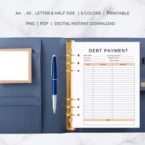 May include: A printable debt payment tracker with sections for debt name, account, due date, starting balance, interest rate, minimum payment, date, amount, balance, and notes.