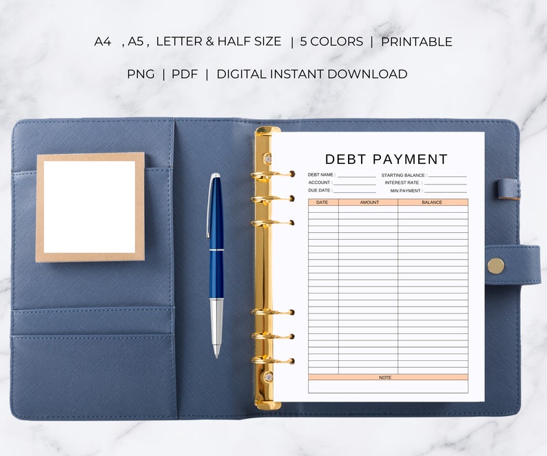 May include: A printable debt payment tracker with sections for debt name, account, due date, starting balance, interest rate, minimum payment, date, amount, balance, and notes.